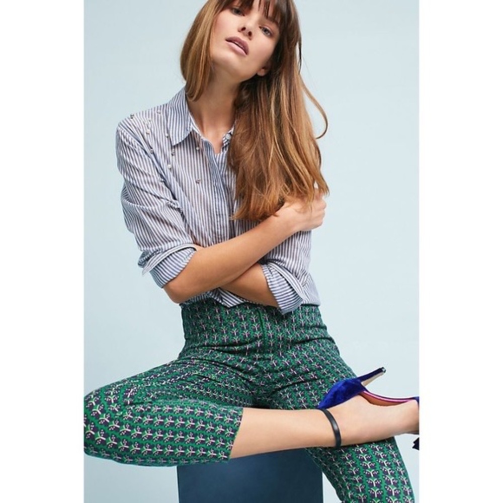 Anthropologie Essential Slim Trousers in Green Motif - Size 2